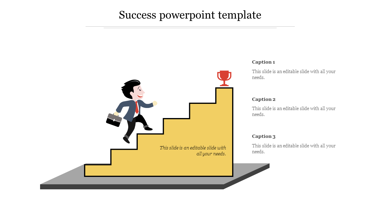 Success template showing a man climbing yellow stairs toward a red trophy with three captions on the right.