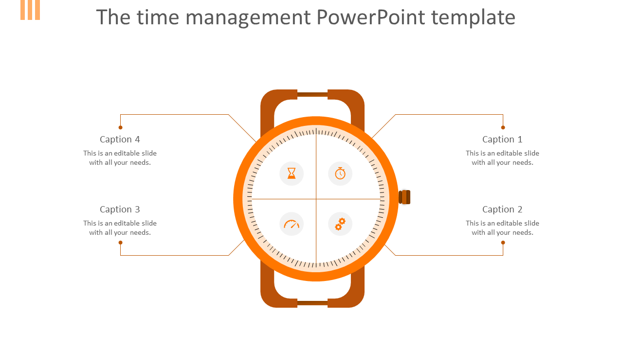 Time management template featuring an orange watch graphic with icons and captions for task organization.