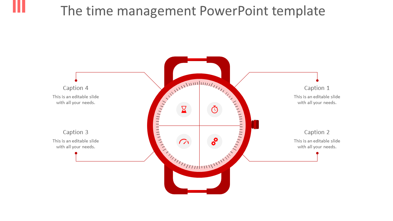 Time management PowerPoint template featuring a red smartwatch with four icons with captions.