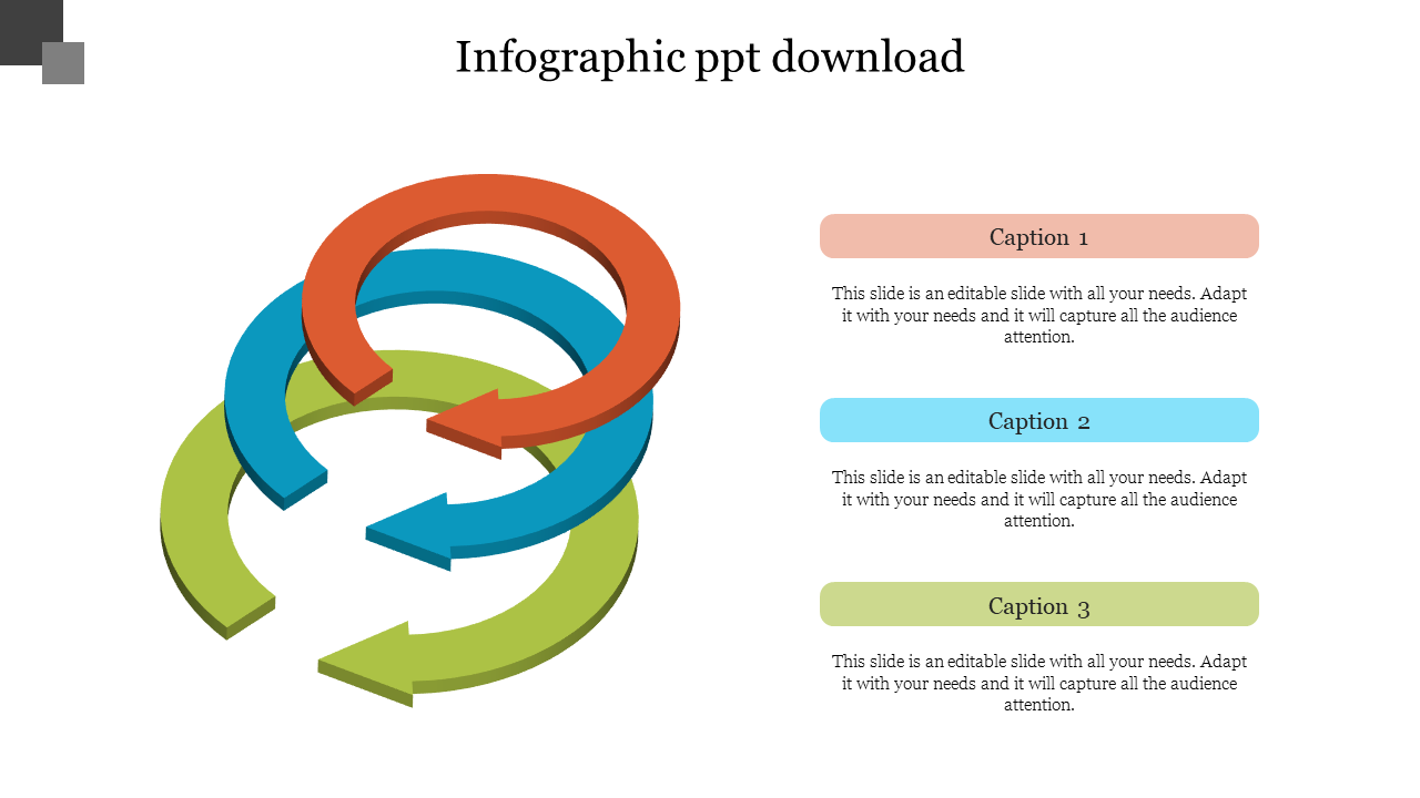 3D infographic with red, blue, and green circular arrows in a loop, with three colored caption areas.