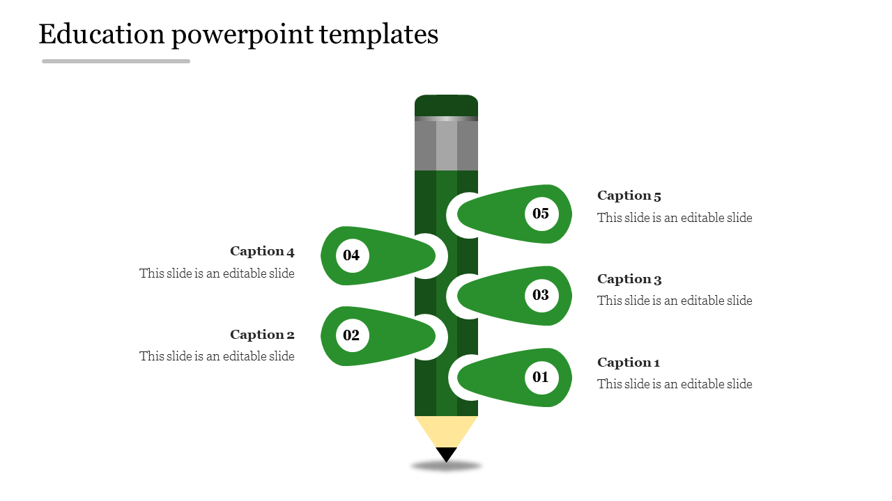 Green pencil infographic with five numbered labels extending from both sides, linked to captions.