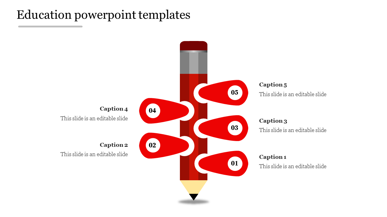 Vertical pencil graphic with five red oval shaped steps, each numbered and connected to descriptions.