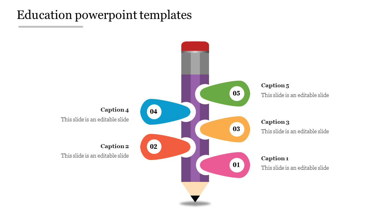 Educational illustration of a pencil with five color-coded segments labeled 01 to 05, each linked to caption placeholders.