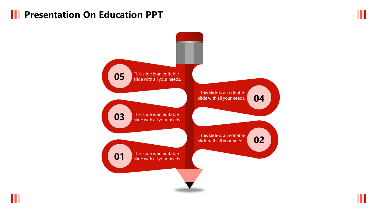 Education themed PowerPoint slide with a red pencil and numbered sections for each point.