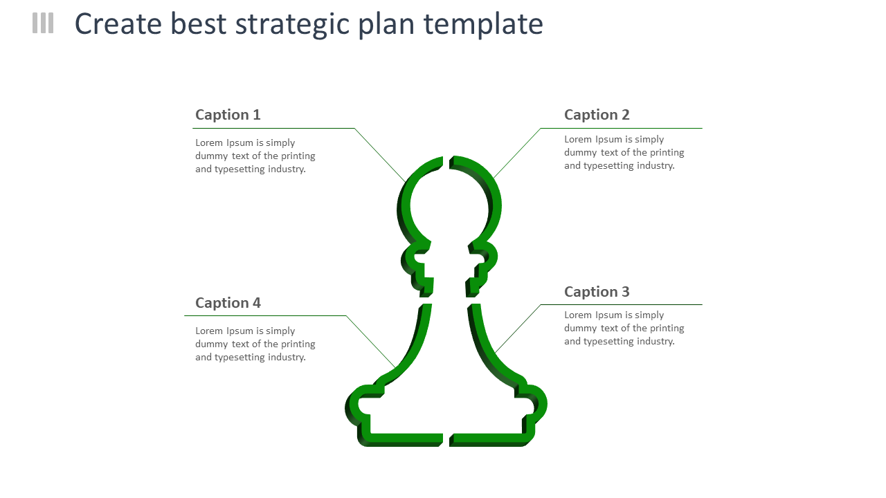 A strategic plan template with a colorful green chess pawn illustration and four text placeholder boxes.