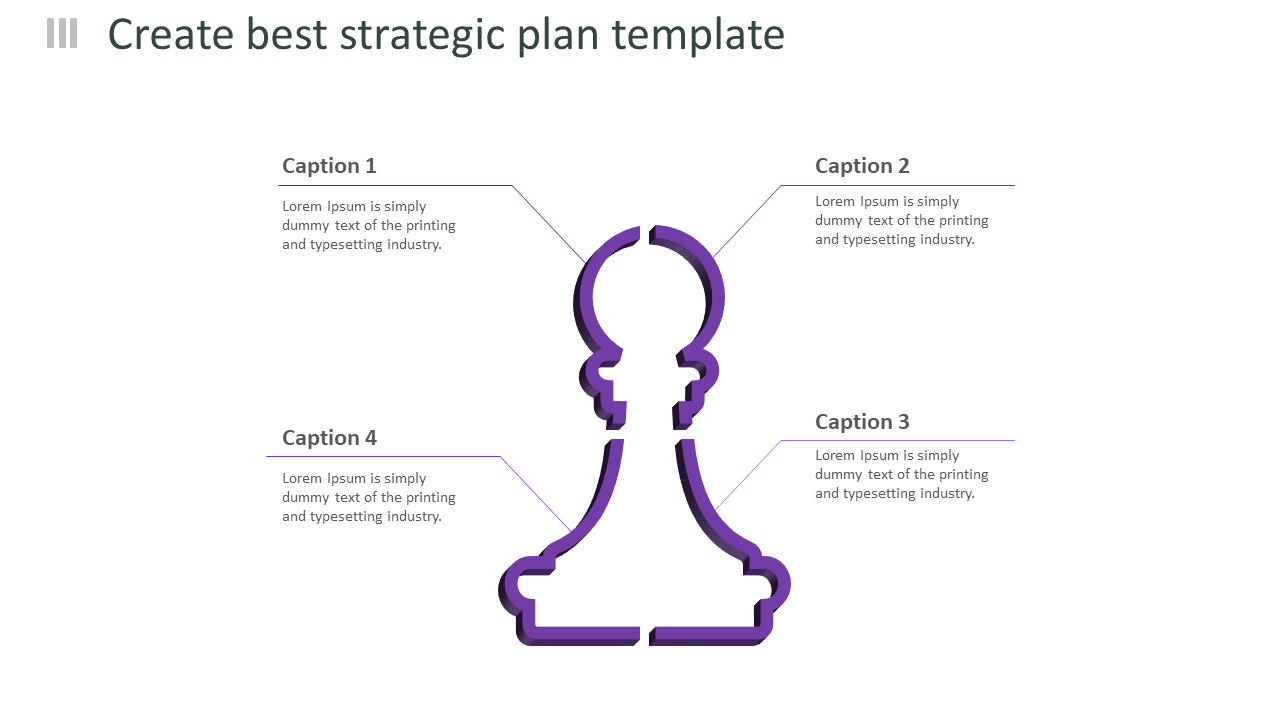 Strategic plan PowerPoint template with purple chess piece icon and four numbered captions.