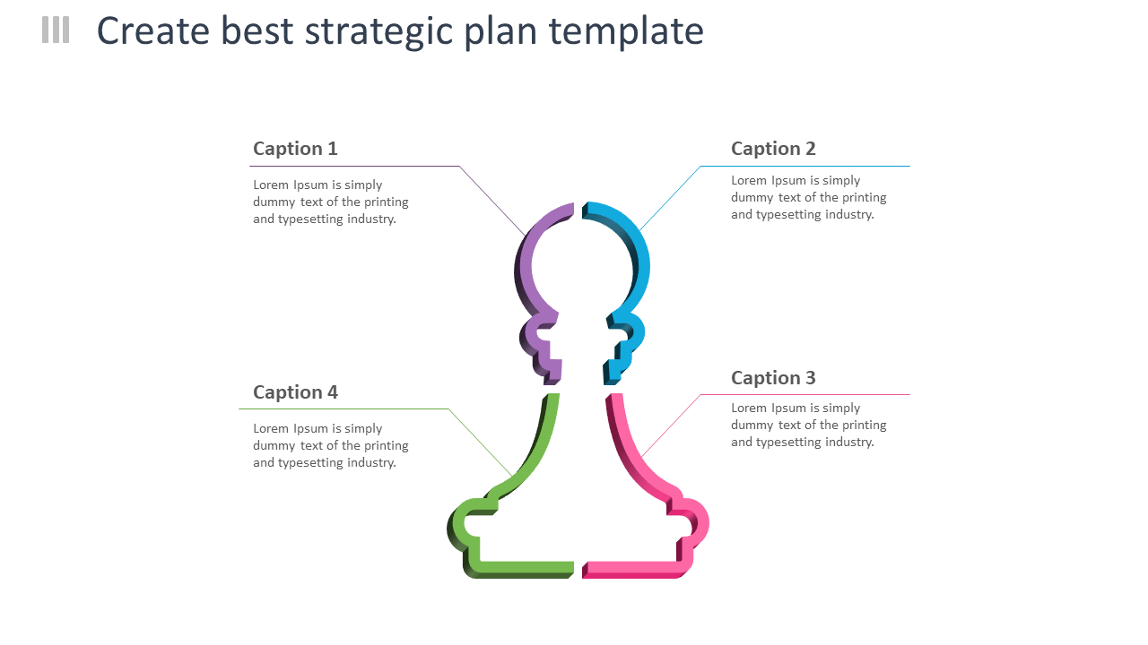 Strategic plan template featuring a chess pawn icon with colorful four captions areas at each side.