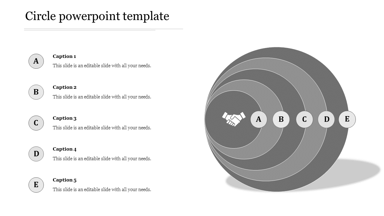 A layered gray circle diagram with five segments labeled A to E, with corresponding text placeholders on the left.