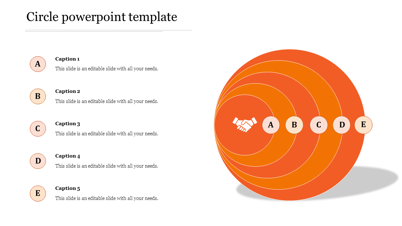 PowerPoint template featuring concentric orange circles with icons and five labeled sections for captions.