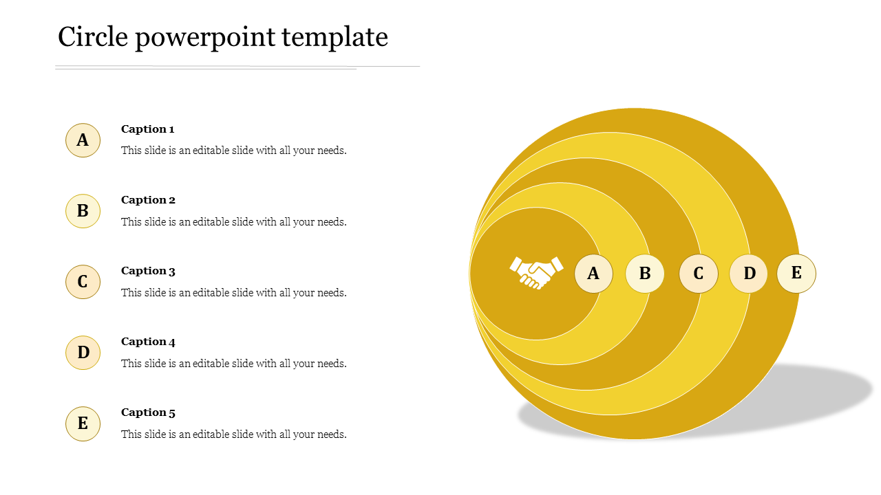 PowerPoint template featuring concentric yellow circles with icons and five labeled sections for captions.