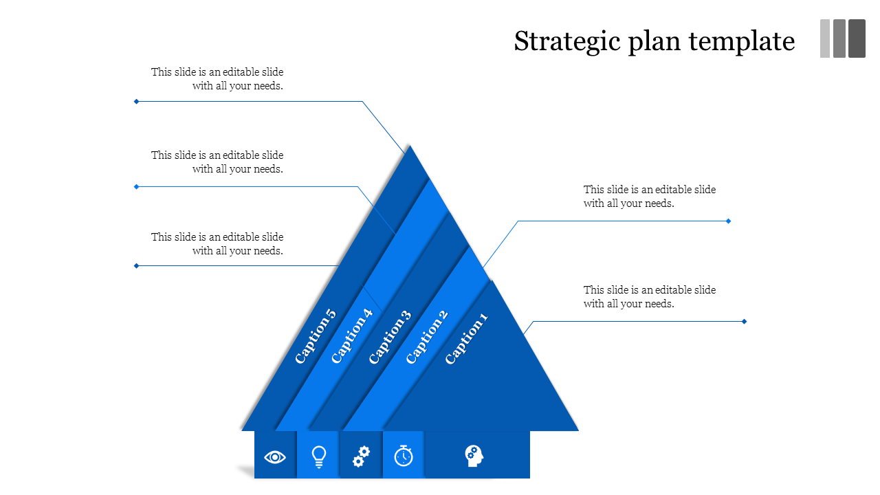 Strategic plan template featuring a blue pyramid with five levels and corresponding captions, each with icons at the bottom.