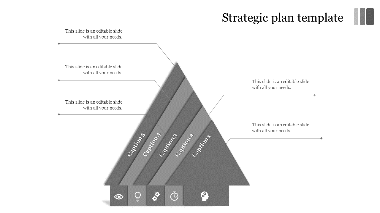 Pyramid shaped infographic with five gray layers, each containing a caption and corresponding icons at the bottom.