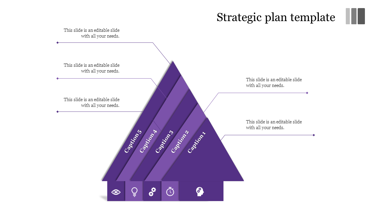 Vertical pyramid infographic with five purple layers, each containing captions and icons linked to strategic planning.