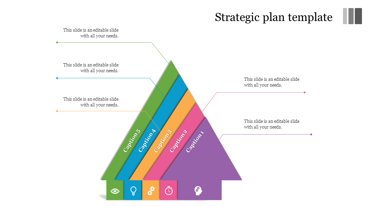 A pyramid diagram showing five stages, each with an associated caption area, on a strategic plan template.