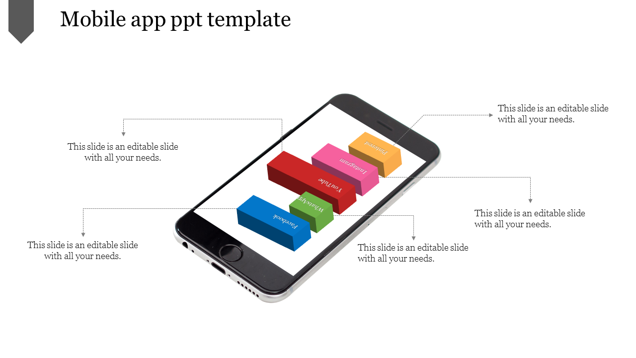 Smartphone image showing five stacked 3D blocks in various colors with dotted lines leading to captions.