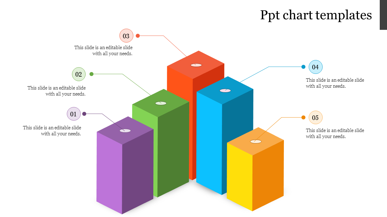 Five vibrant 3D blocks in purple, green, orange, blue, and yellow, with captions for each section.