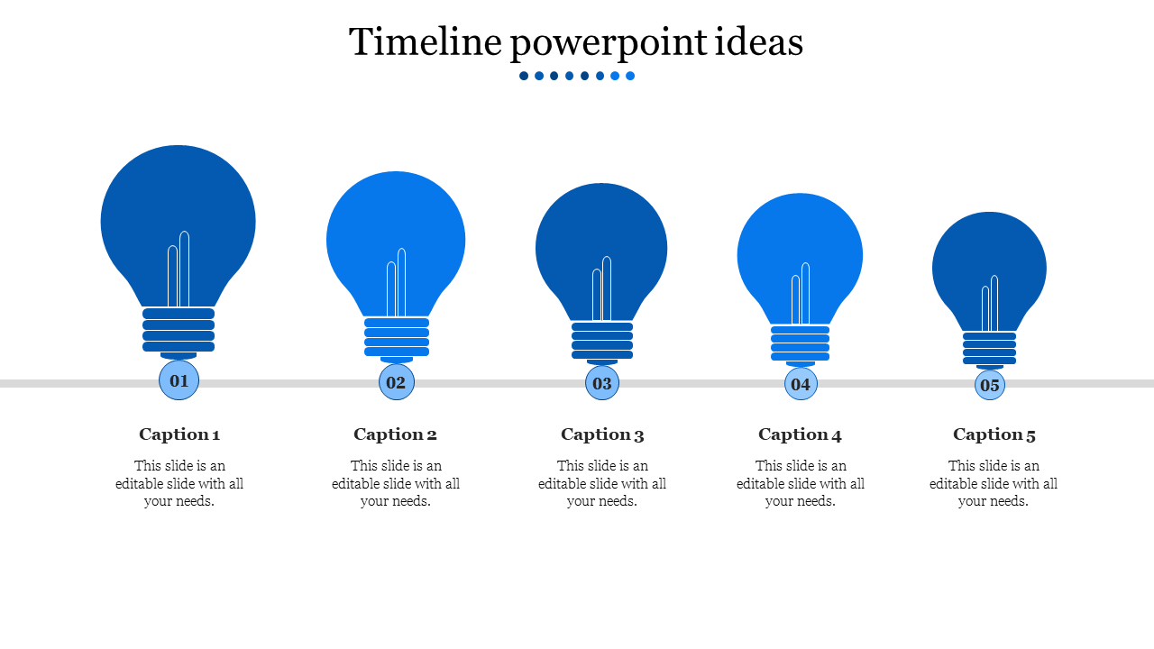 Timeline PPT template featuring five blue lightbulbs, each representing a step in a process with captions.