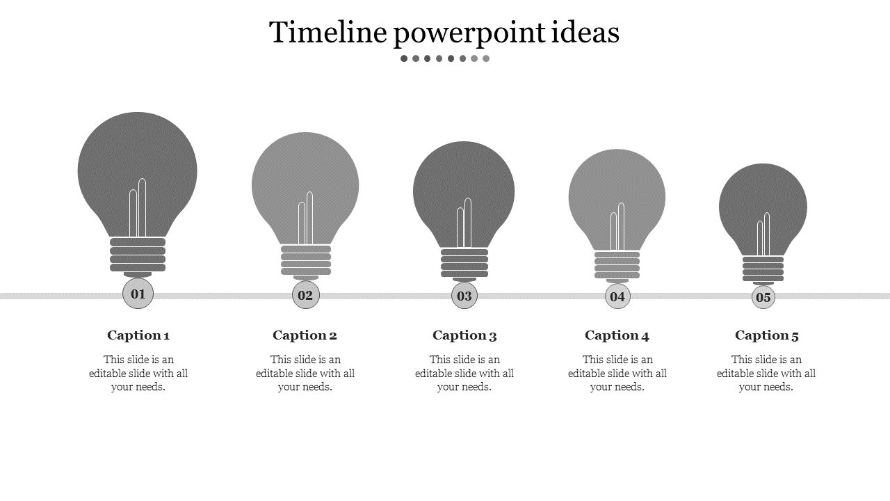 Horizontal timeline with five gray lightbulb icons, each labeled with a number and a caption below.