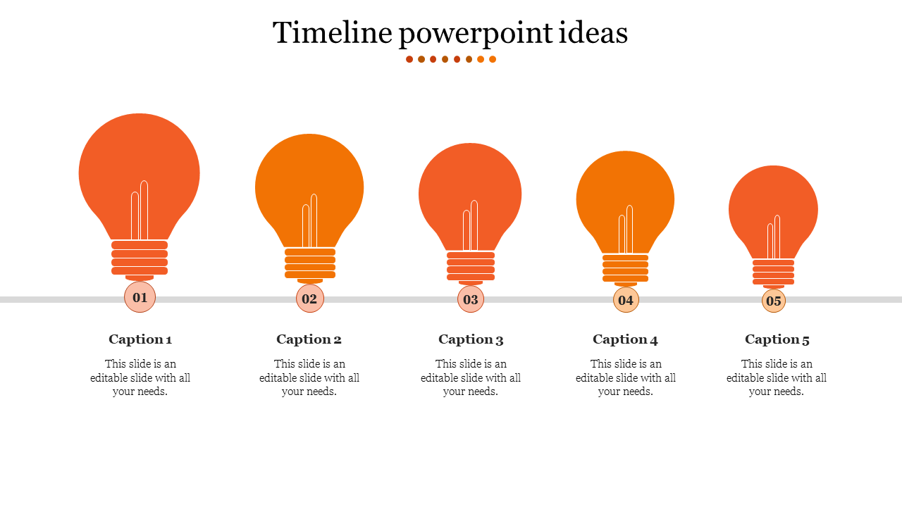 Timeline PPT template featuring five orange lightbulbs, each representing a step in a process with captions.