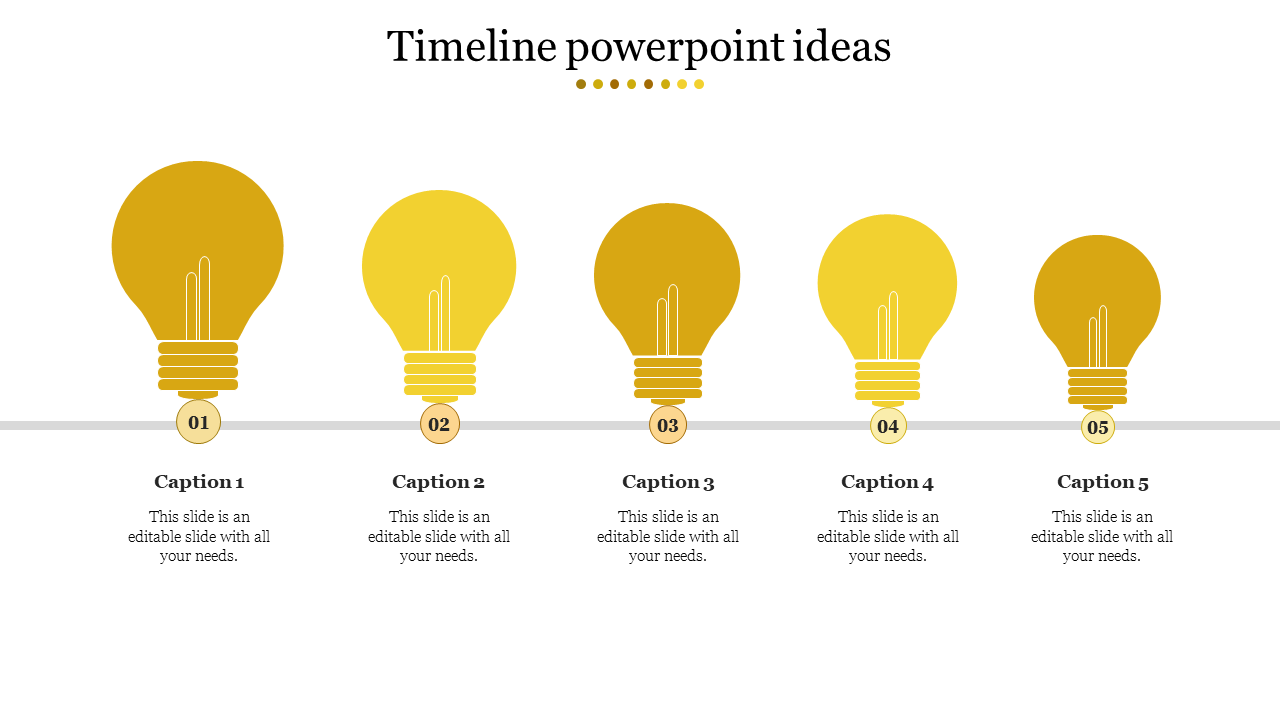 Timeline PPT template featuring five yellow lightbulbs, each representing a step in a process with captions.