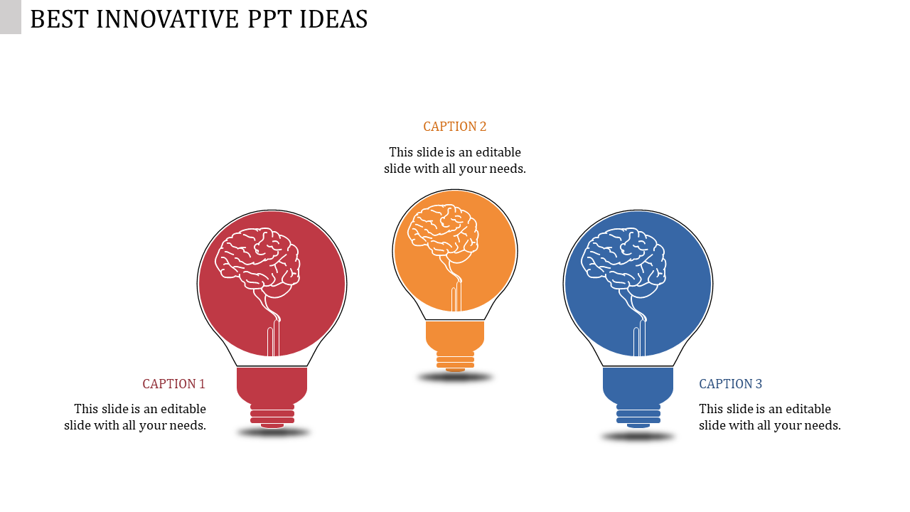 Three light bulb icons in red, orange, and blue, each containing a innovative brain illustration and a caption areas.