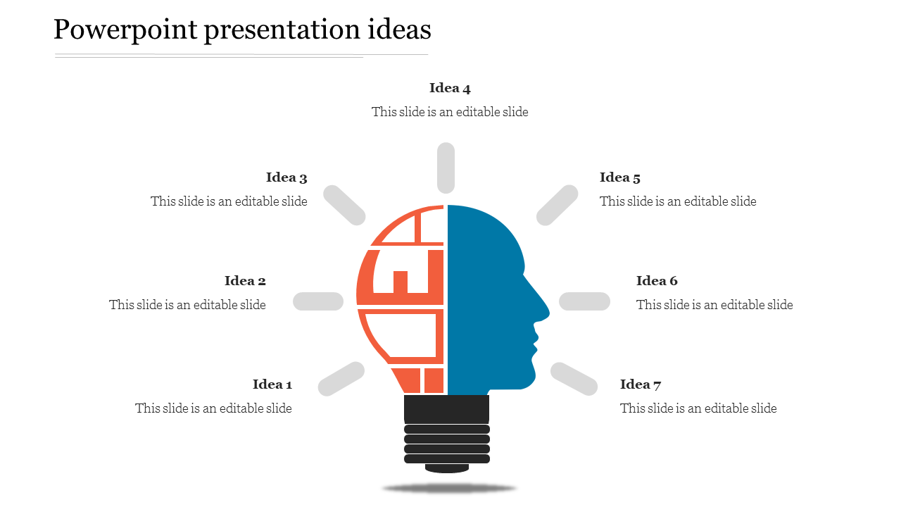 Innovative light bulb diagram combining a human profile and segmented design, encircled by seven descriptive idea.