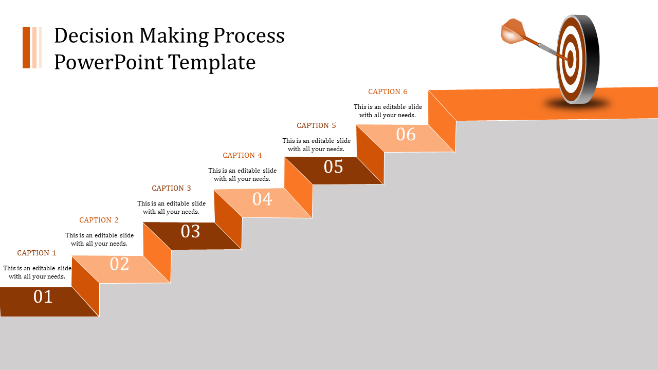 Slide showing six numbered steps in orange gradient boxes arranged like stairs with a dartboard at the top.