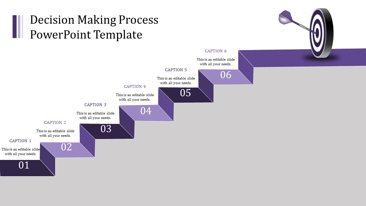 Purple staircase infographic with six numbered captions leading to a dartboard target on a gray background.