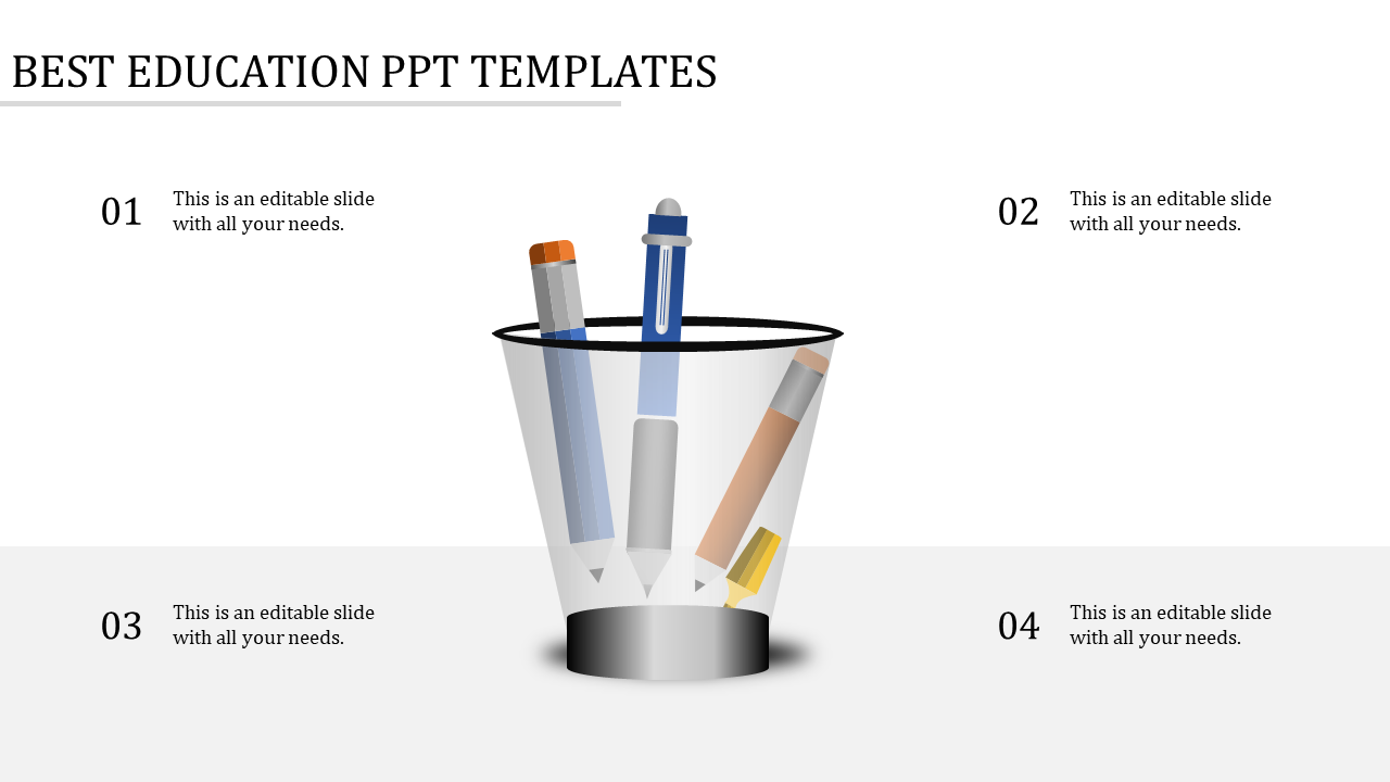 PowerPoint slide featuring a pencil holder with pens and pencils for educational presentations.