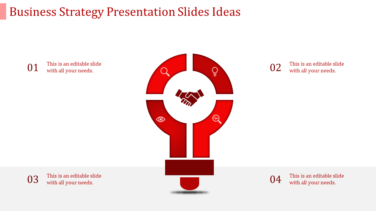 Business strategy slide with a red lightbulb graphic divided into four sections featuring icons and numbered captions.