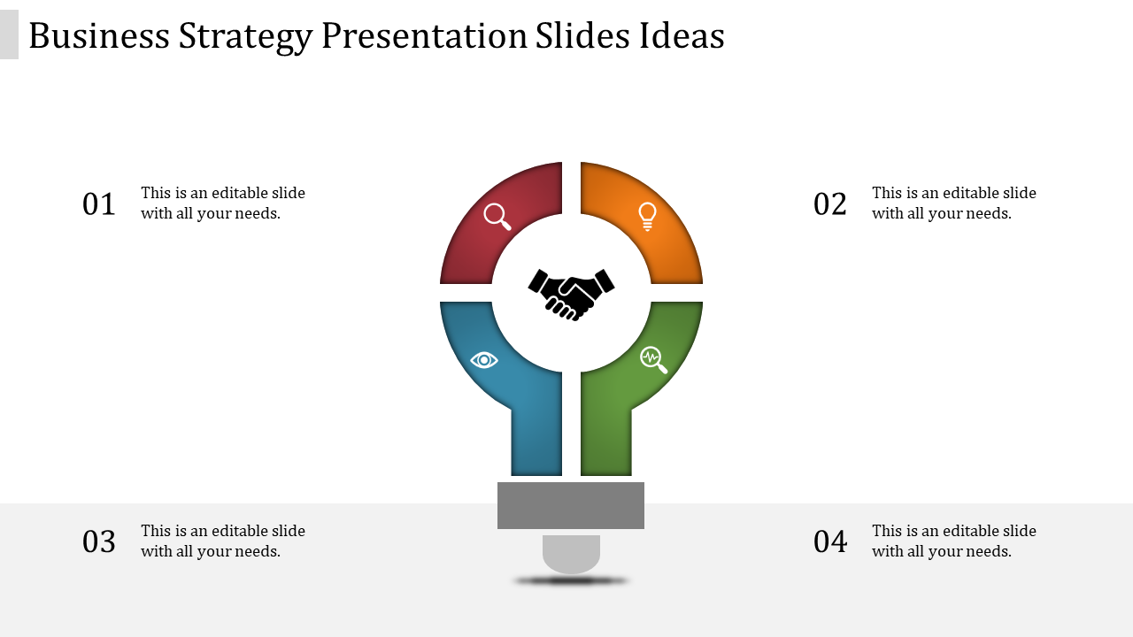 Slide with a lightbulb shaped diagram divided into four colored segments, each with icons and corresponding captions.