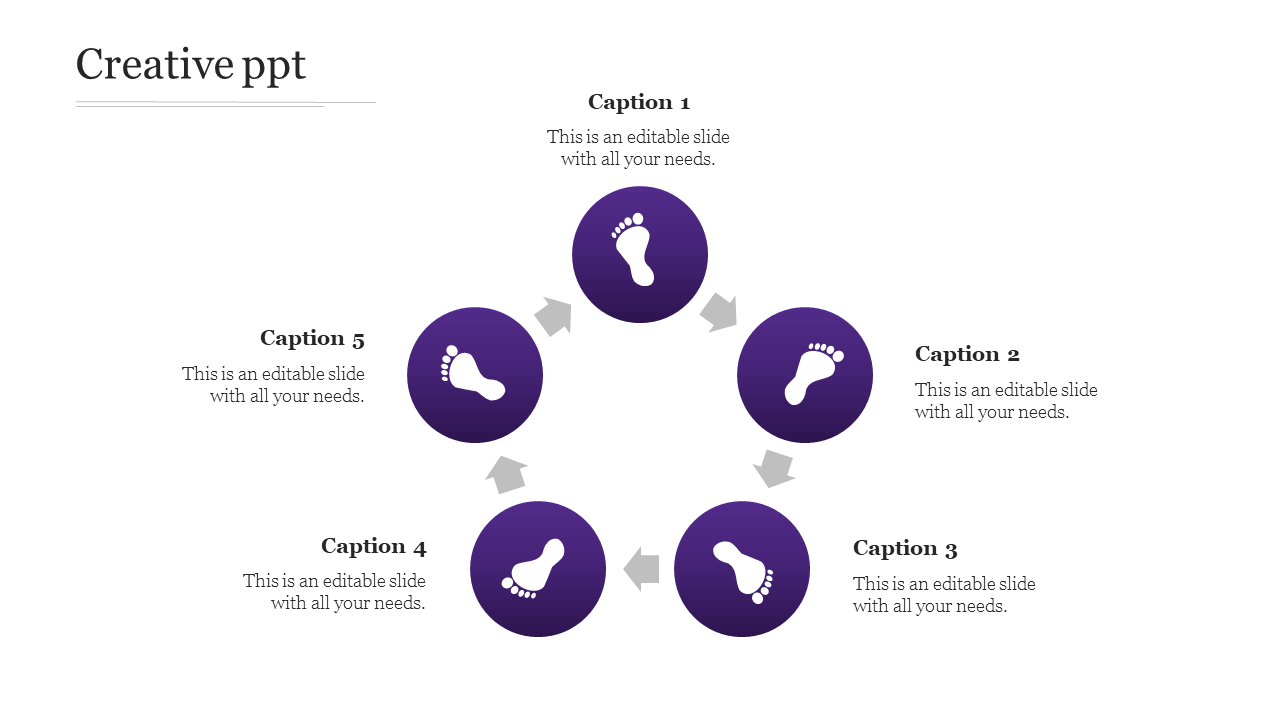 Creative PowerPoint template featuring five purple circular footprints with arrows pointing in a circular direction.