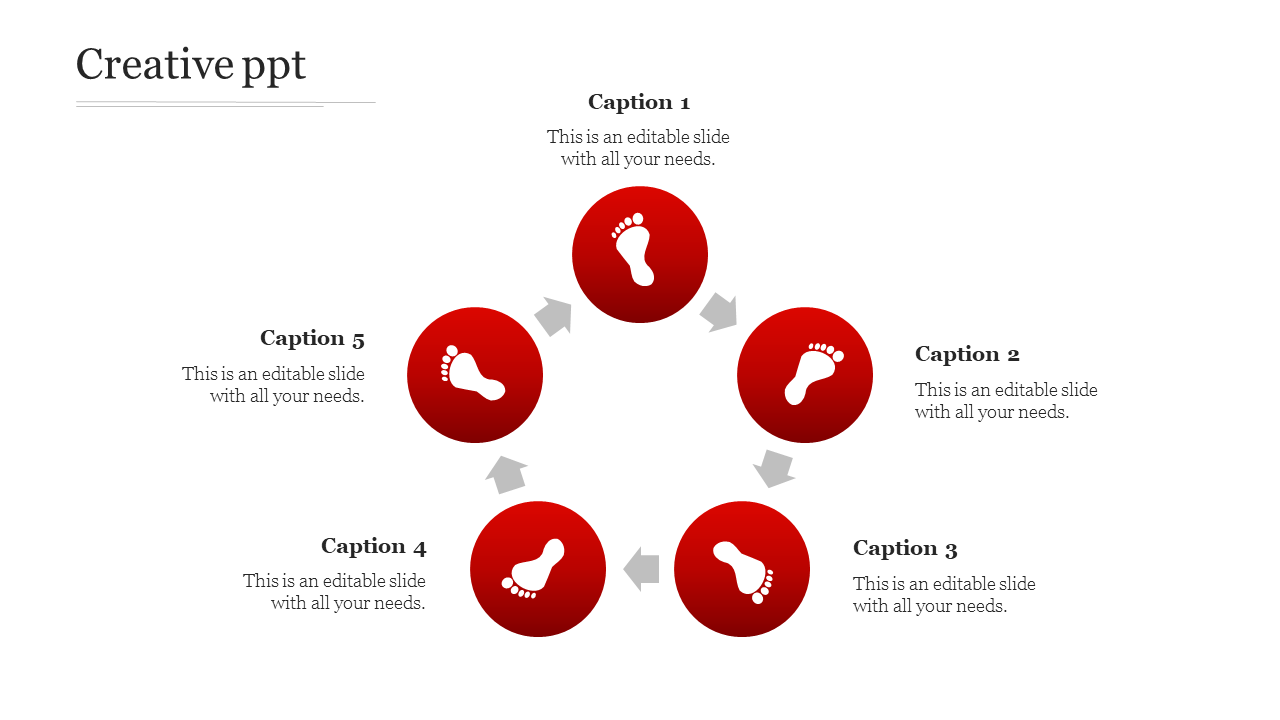 Creative PowerPoint template with red circular footprints and arrows pointing around the circle with captions.