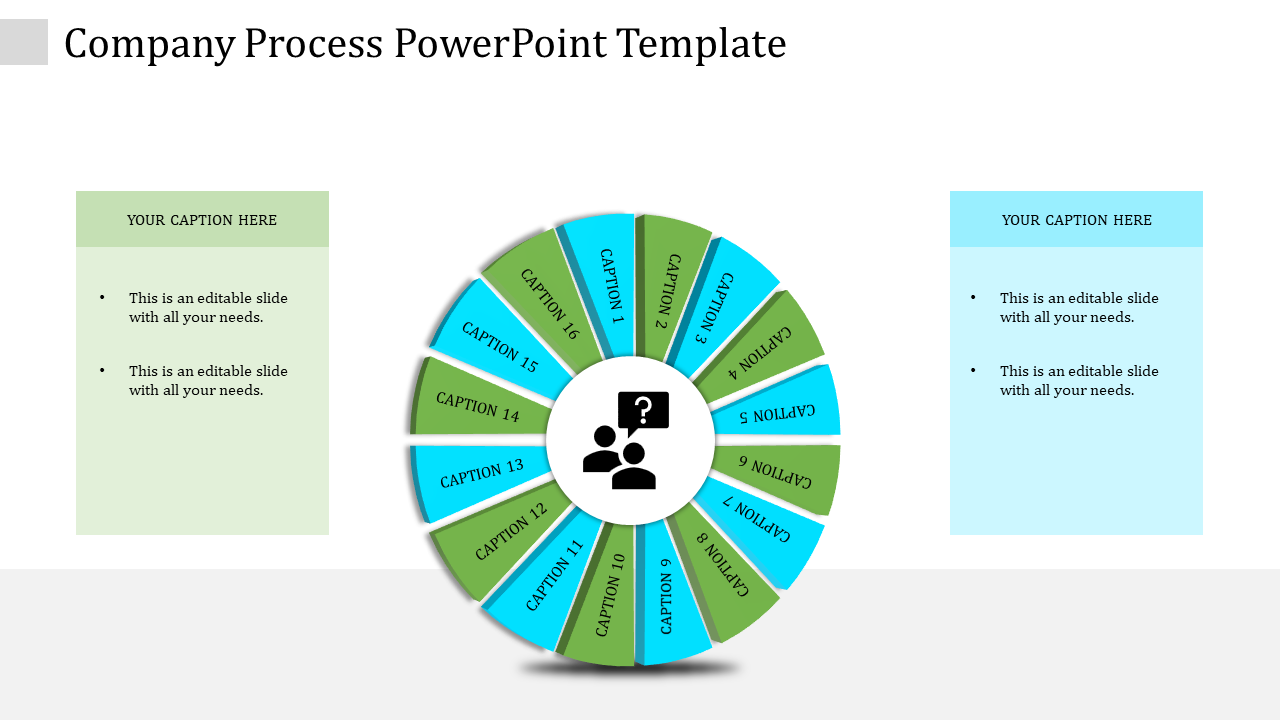 Slide with a circular diagram in green and blue sections, around a question mark icon and two text boxes on both sides.