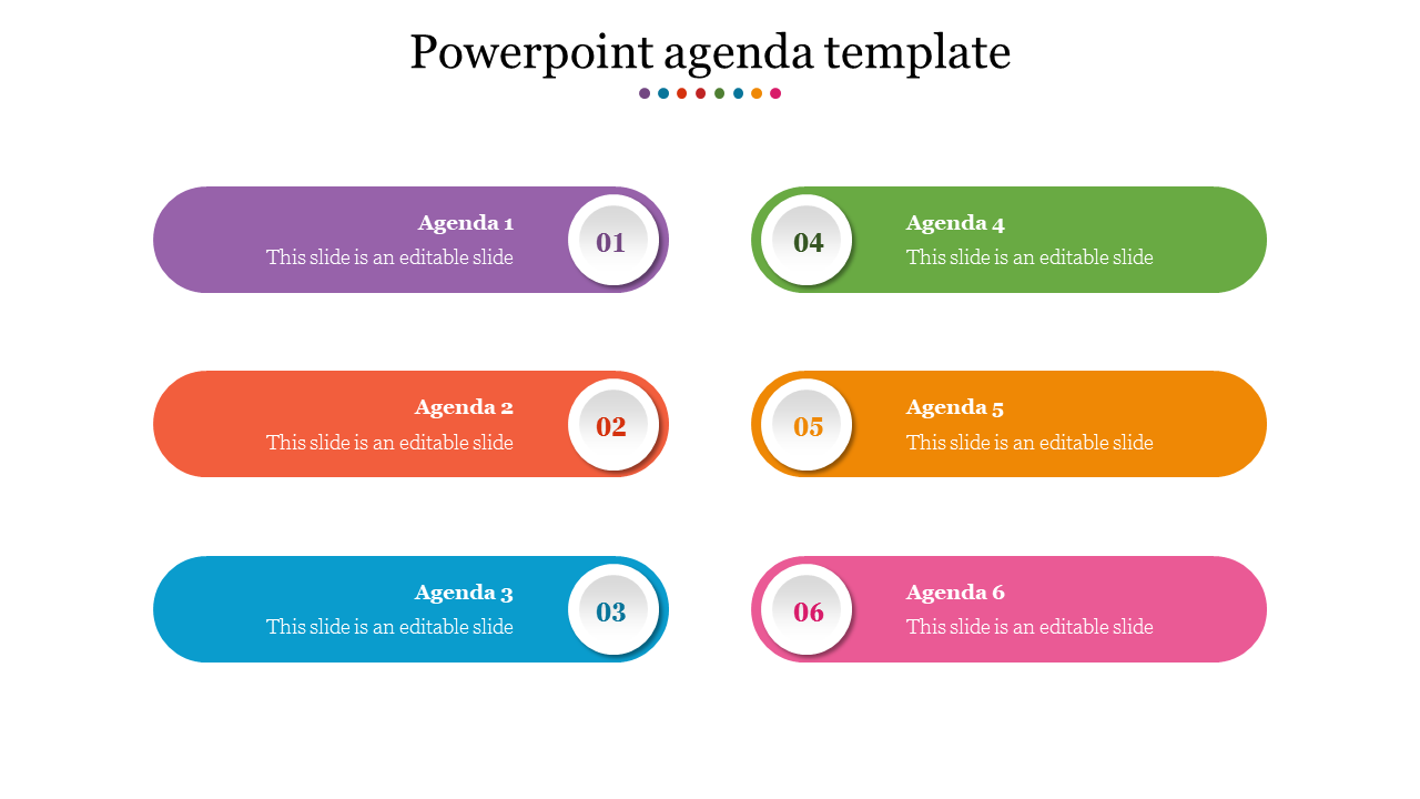 A colorful PowerPoint agenda slide with six sections with placeholder text.