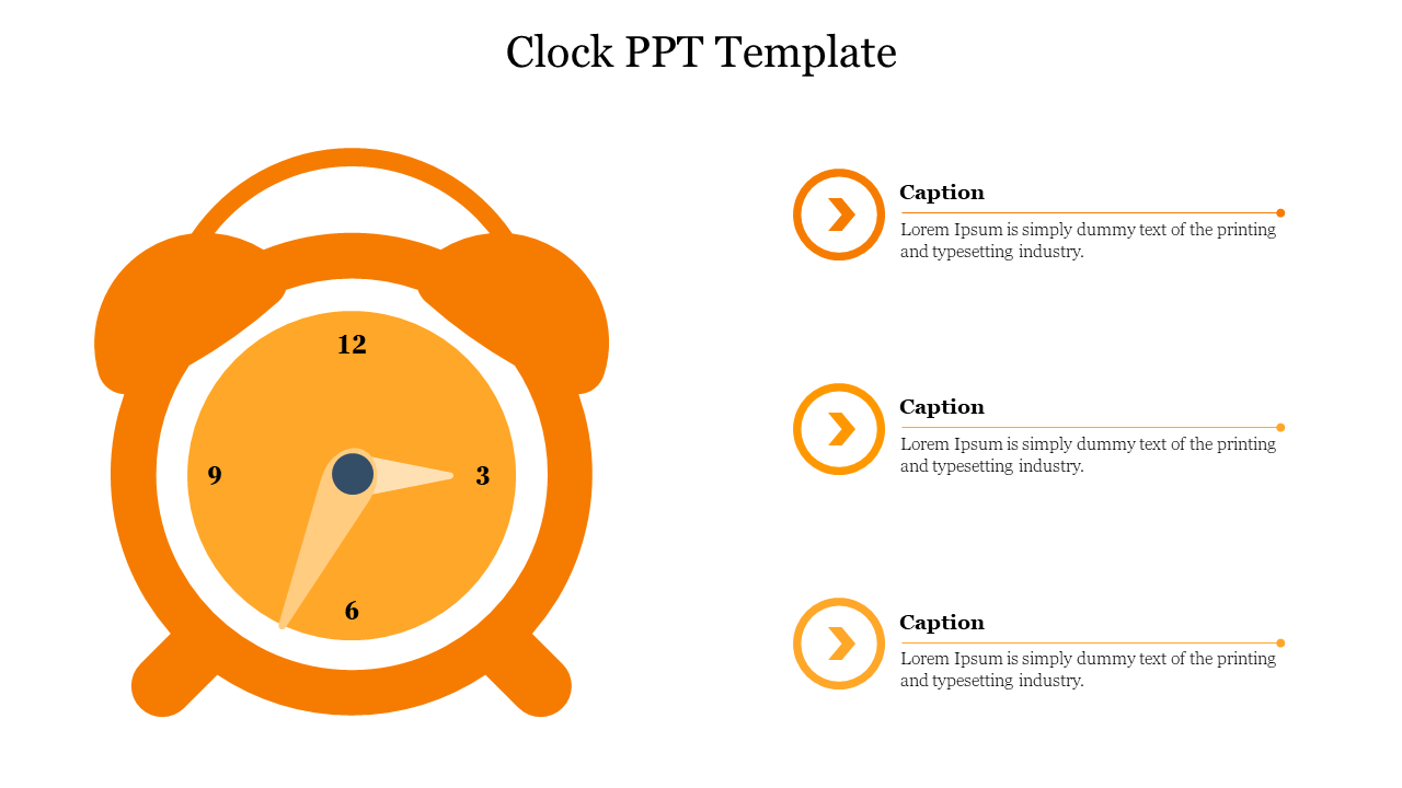 A cartoon style clock with an orange frame showing the time, accompanied by three text placeholders.