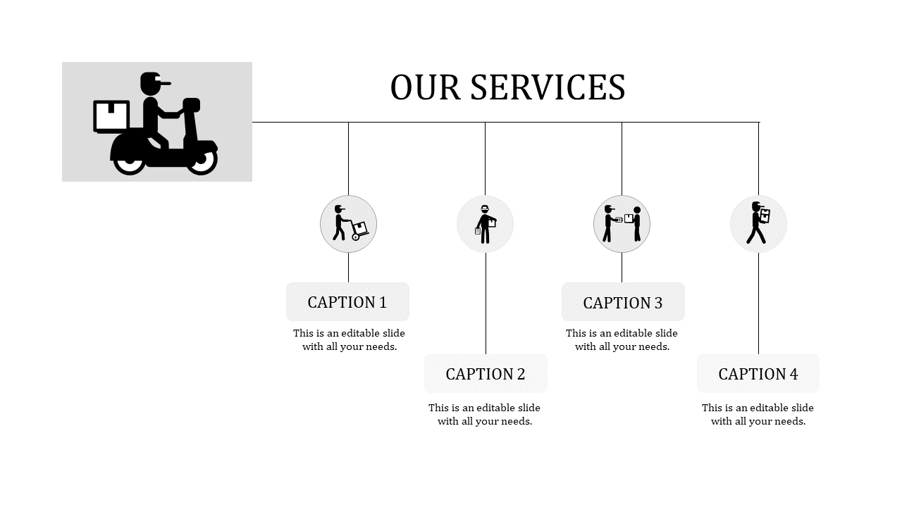 Black and white PowerPoint slide showing our services with a delivery scooter icon and four sections for captions.