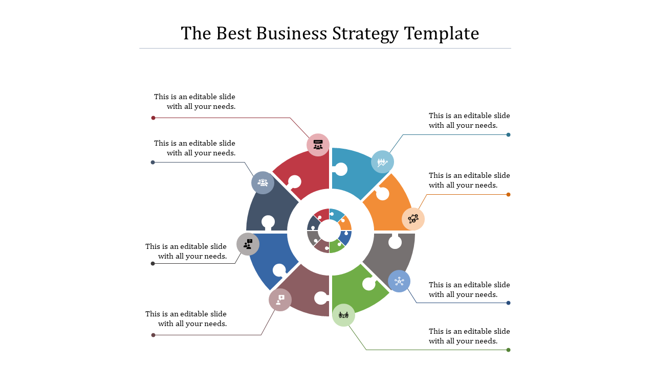 Business strategy PowerPoint template with a circular design and sections in vibrant colors with icons.