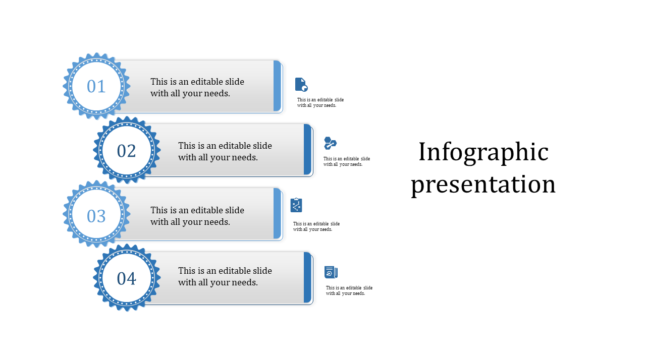 Blue themed infographic PowerPoint slide featuring numbered gears with corresponding sections and icons.