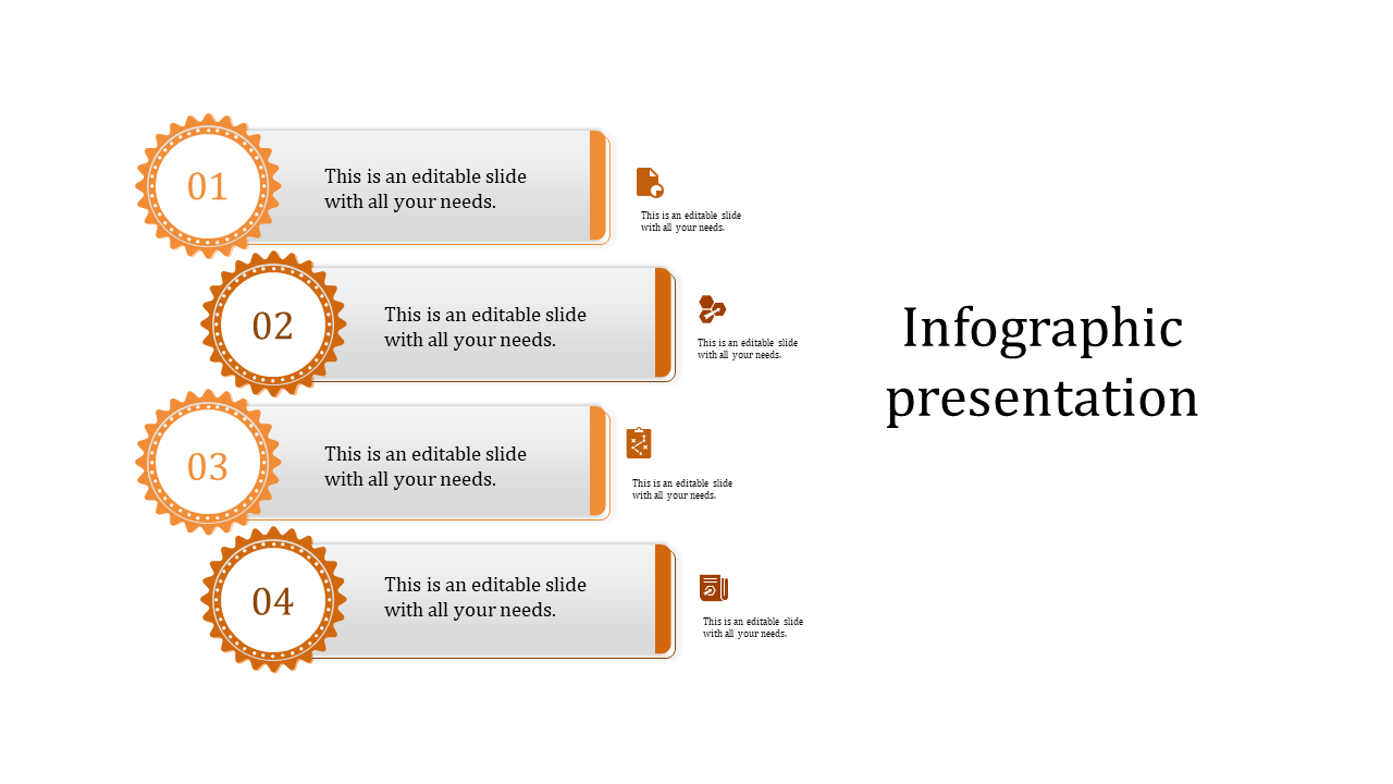 Infographic with four orange badge shaped icons labeled 01 to 04, linked to text boxes, set on a white background.