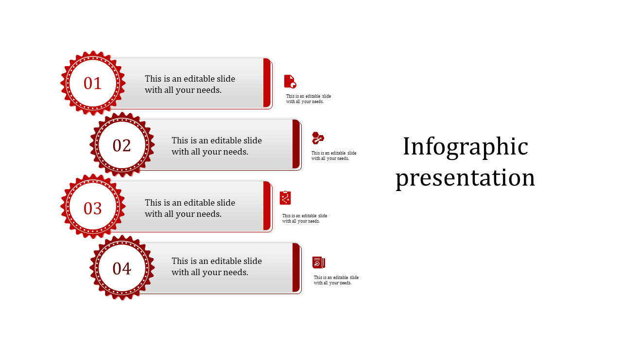 Vertical infographic with four numbered red badges connected to editable text boxes and icons on the right.