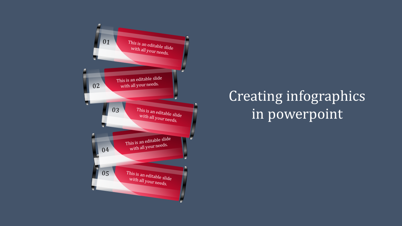 Red and white infographic elements in PowerPoint, with numbered sections for content.