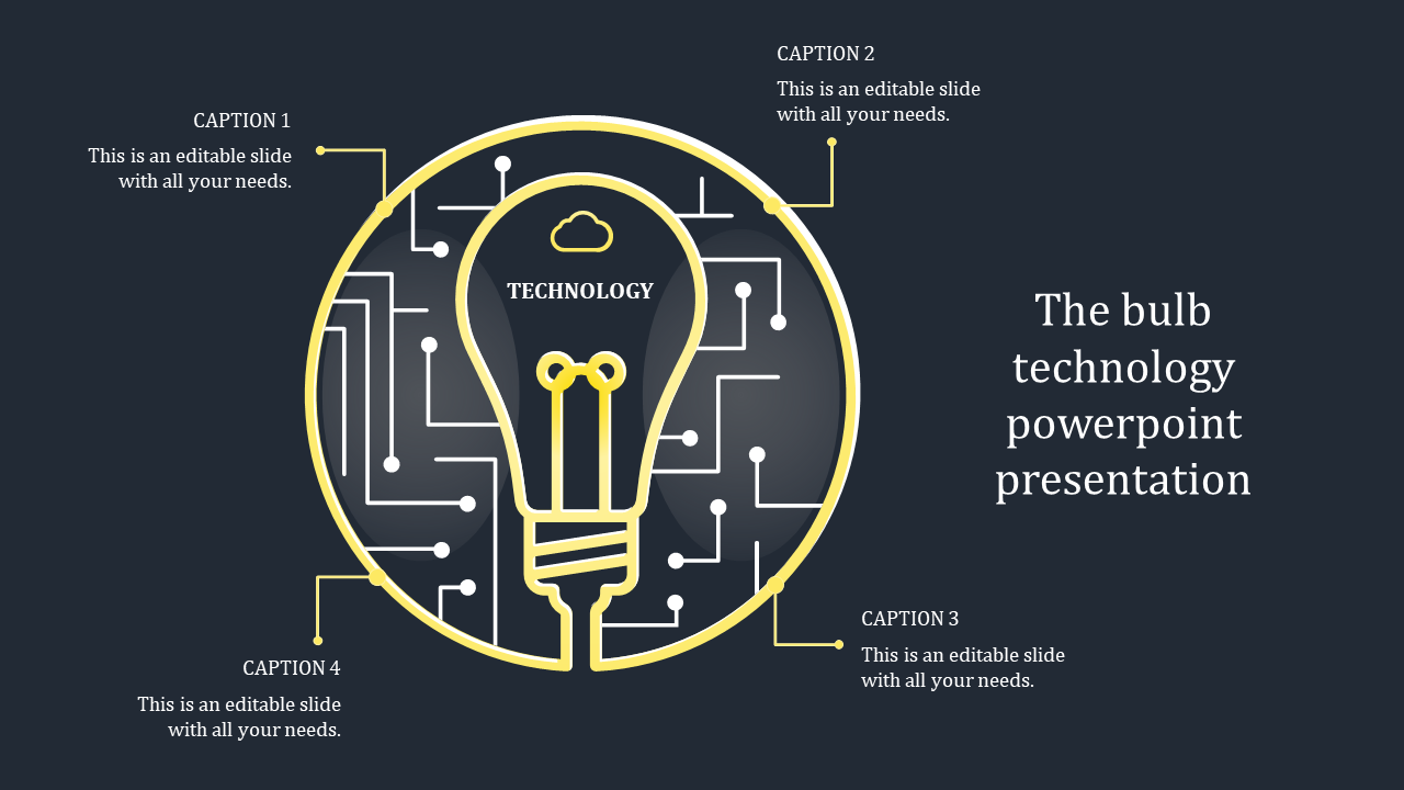 A light bulb outline with circuit-like lines branching out, with captions surrounding the bulb, representing technology.