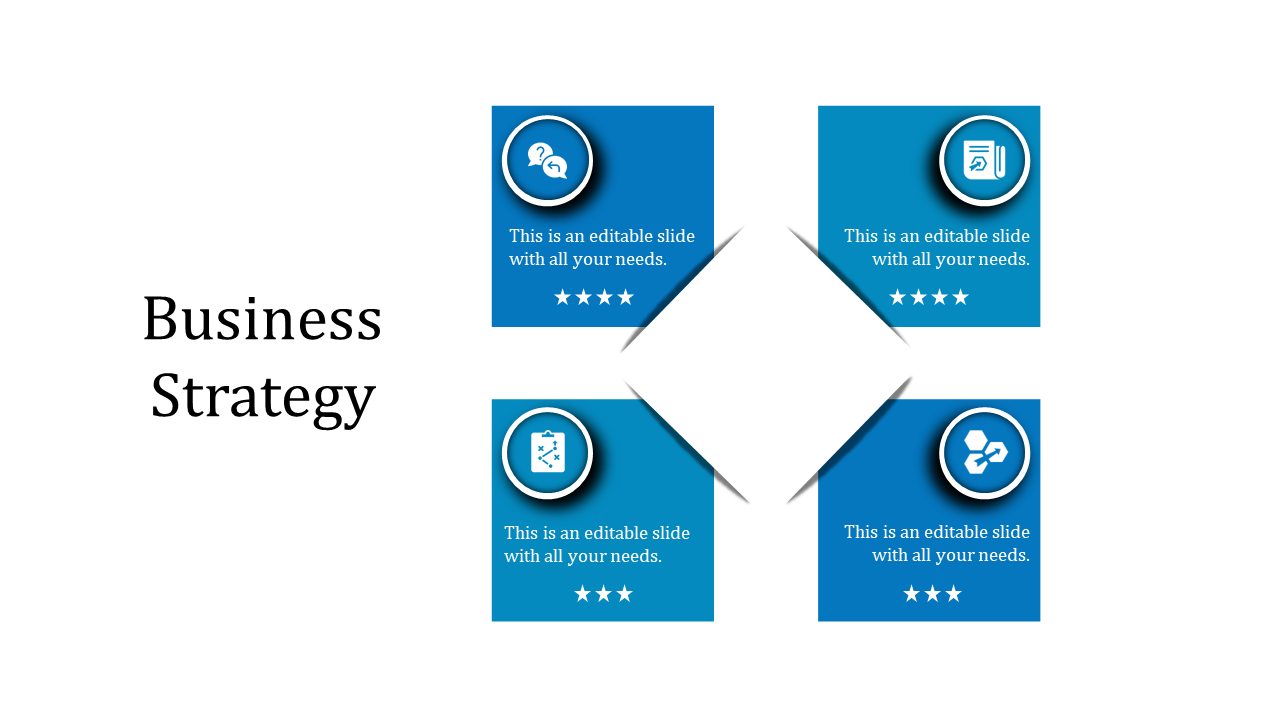 Business strategy slide with four blue boxes, each containing an icon and placeholder text, arranged in a diamond format.