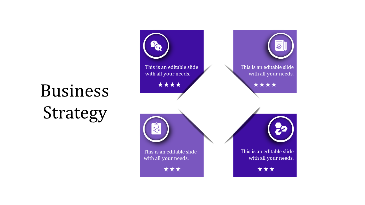 Business strategy slide with four purple boxes, each containing an icon and placeholder text, arranged in a diamond format.