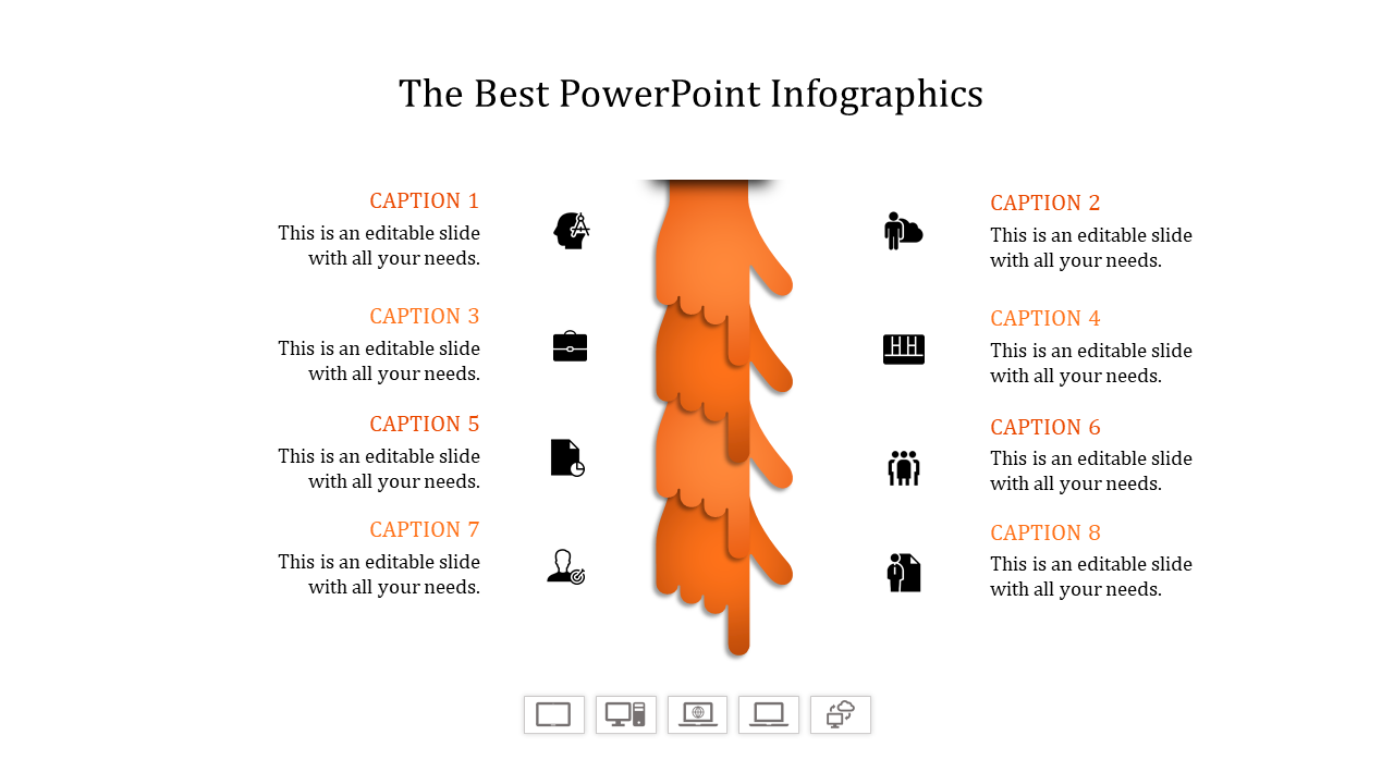 Orange infographic design with layered elements and icons framing the central layout aligned horizontally.