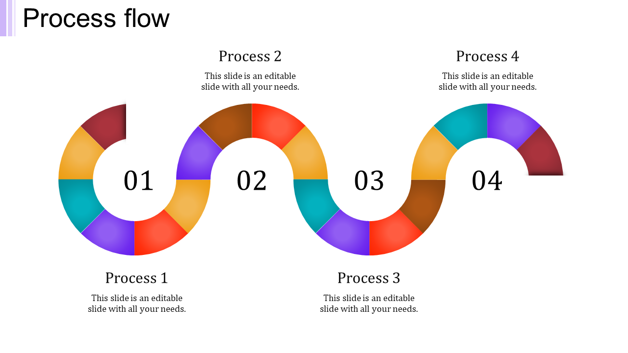 Colorful process flow template with four numbered segments, each representing a different process step.