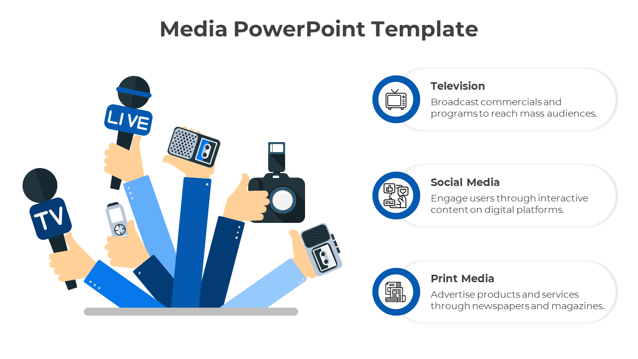 PowerPoint template with microphones, cameras, and media equipment for TV, social media, and print media.