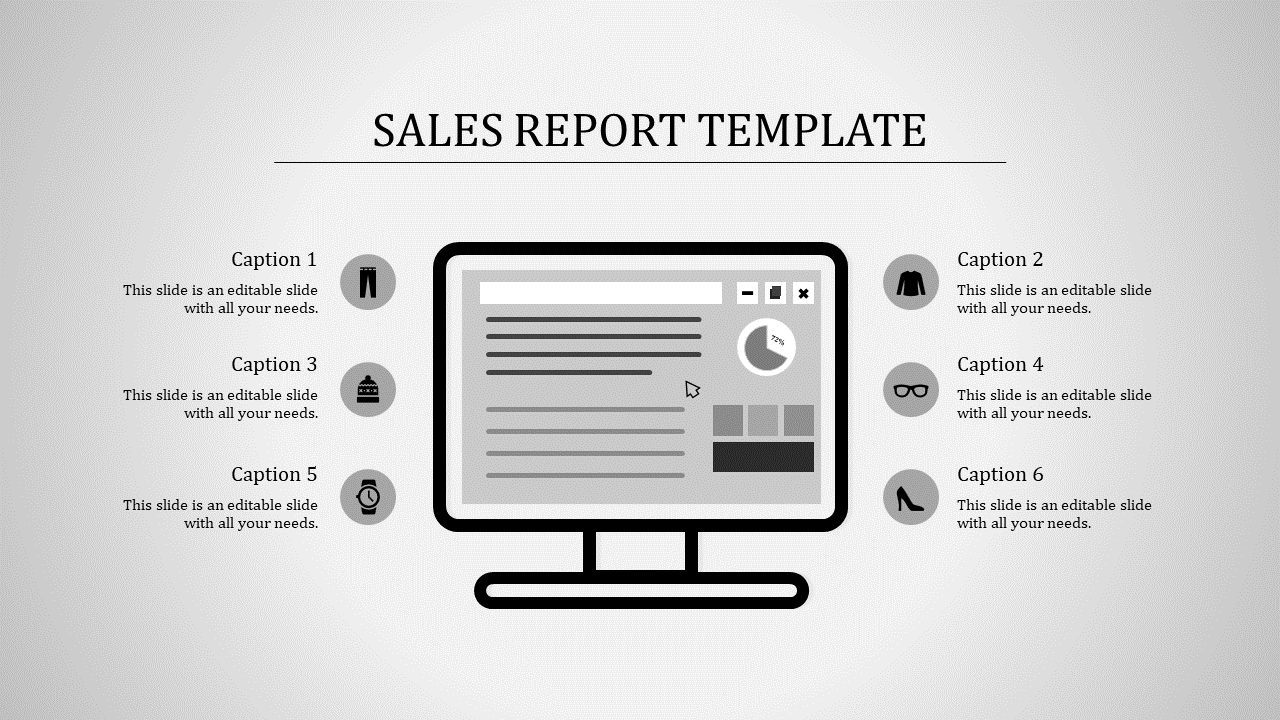 Product sales report slide with a gray monitor illustration and six labeled icons for different item categories.