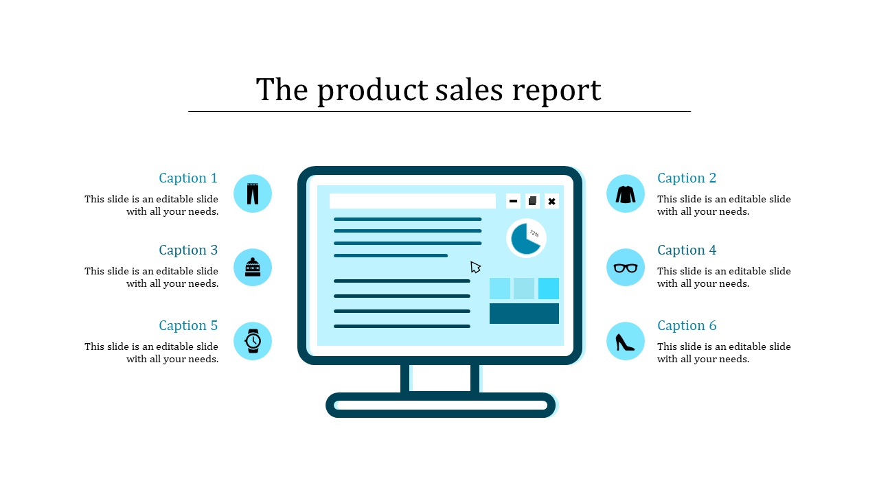 Infographic showcasing a central blue monitor with a pie chart and text, surrounded by six product related captions.